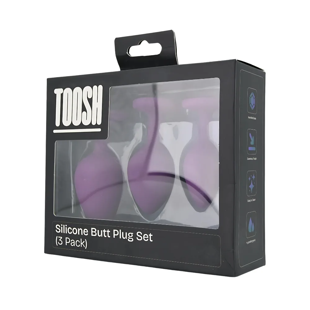 Toosh Plug Anal de Silicone Roxo Conjunto de 3 Pedra Transparente