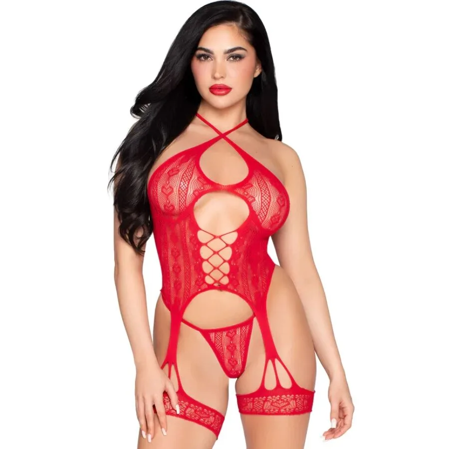 Leg Avenue - 89338 Body Aberto de Renda com Cinta-Liga + Tanga Vermelha - Tamanho Único