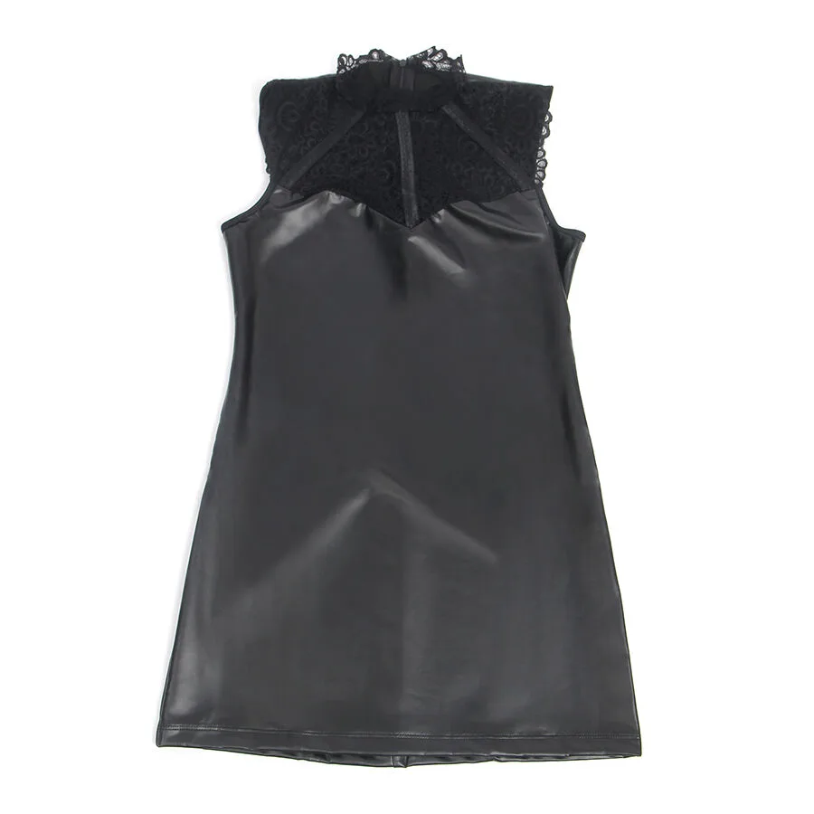 SUBBLIME - 957544 VESTIDO DE COURO COM GOLA DE RENDA PRETO