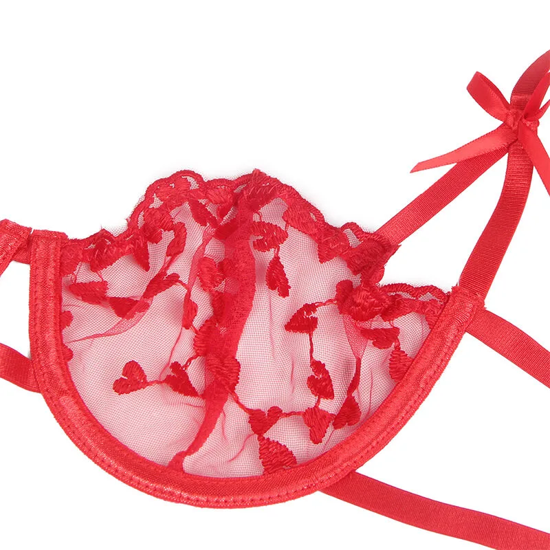 SUBBLIME - 954338 HEART PRINT BRA + THONG + GARTER BELT RED L/XL