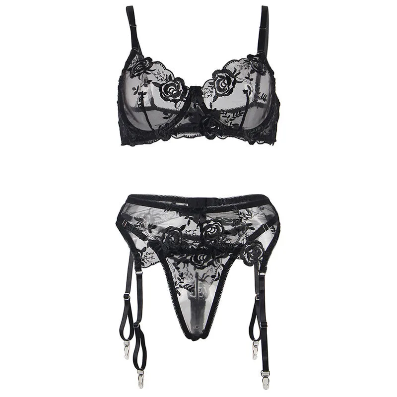 SUBBLIME - CONJUNTO DE 3 PEAS SUTI + TANGA + LIGA ESTAMPADO FLORAL PRETO L/XL