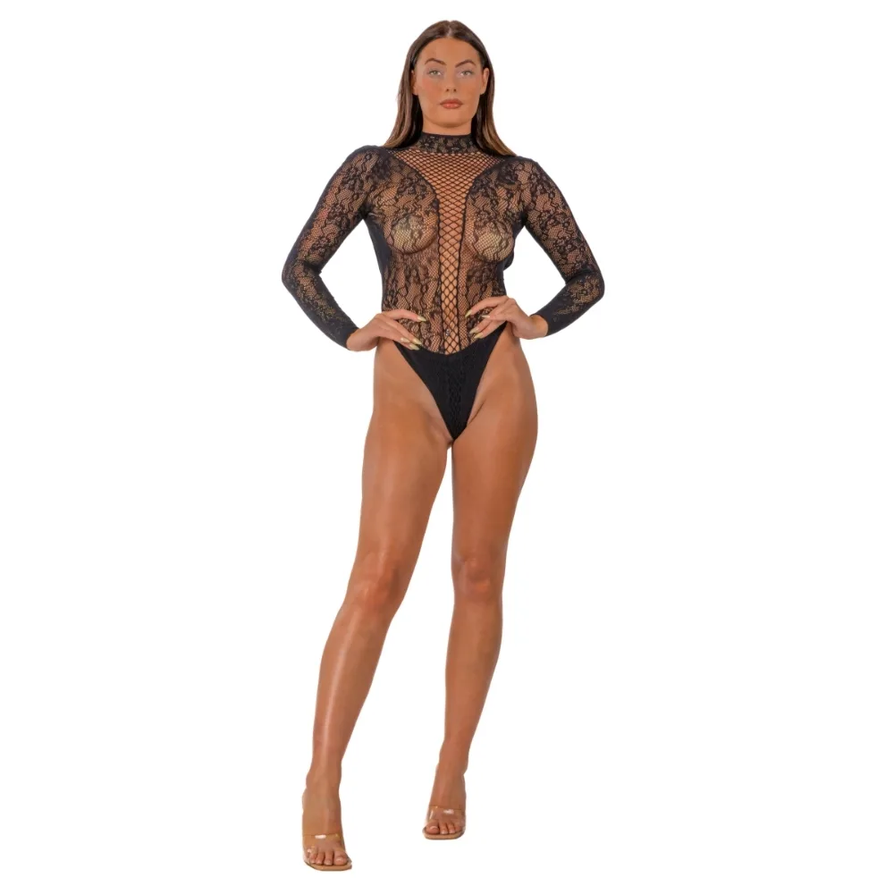 Lace by LJ Body de Renda com Gola Alta Preto