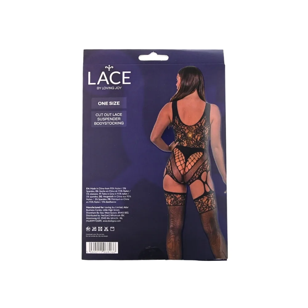 Lace by LJ Bodystocking de Renda Recortada com Ligas Preto