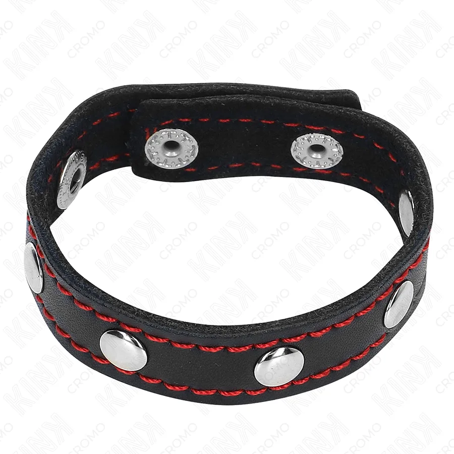 KINK - ANEL DE COURO PARA PÊNIS COM FECHO DE PRESSÃO FORRO VERMELHO 21 X 1,5 CM