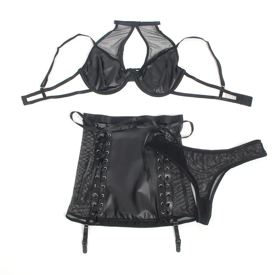 SUBBLIME - 957599 LEATHER BRA AND SKIRT SET BLACK