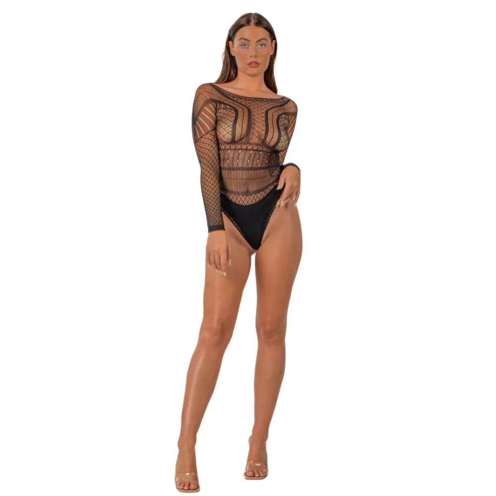 Lace by LJ Body de Renda Sem Costuras de Manga Comprida Preto