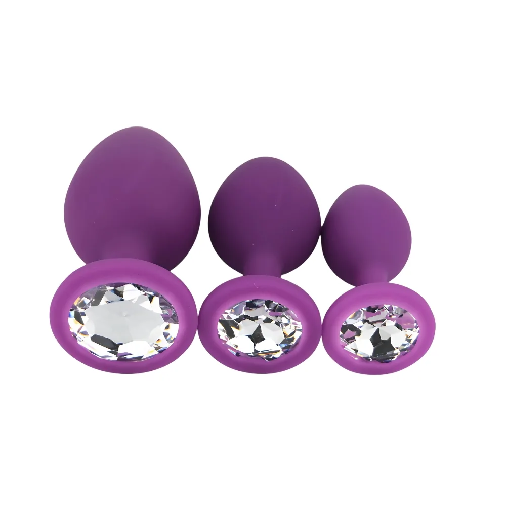 Toosh Plug Anal de Silicone Roxo Conjunto de 3 Pedra Transparente