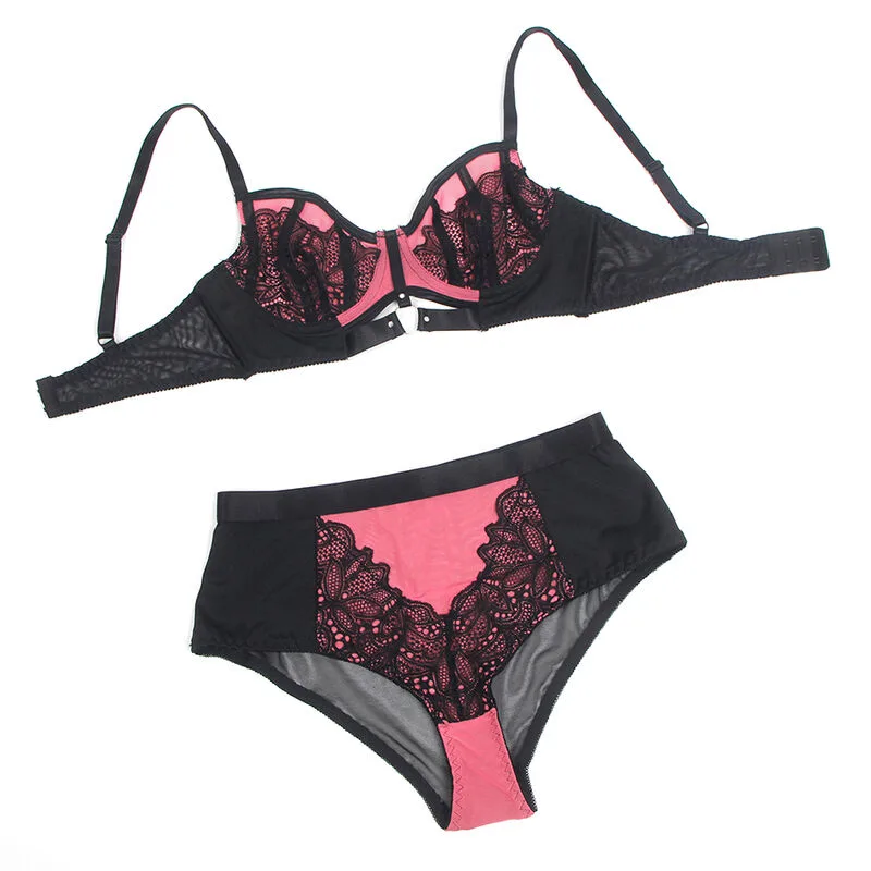 SUBBLIME - 955588 CONJUNTO DE SUTIÃ DE COURO VERDE COM ZÍPER DE MALHA ROSA L/XL