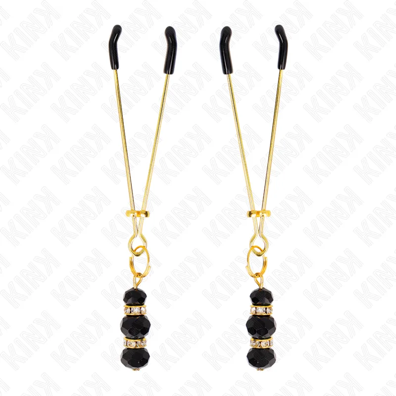 KINK - PINÇAS FINAS DOURADAS COM 3 CONTAS DE VIDRO PRETAS 7 CM