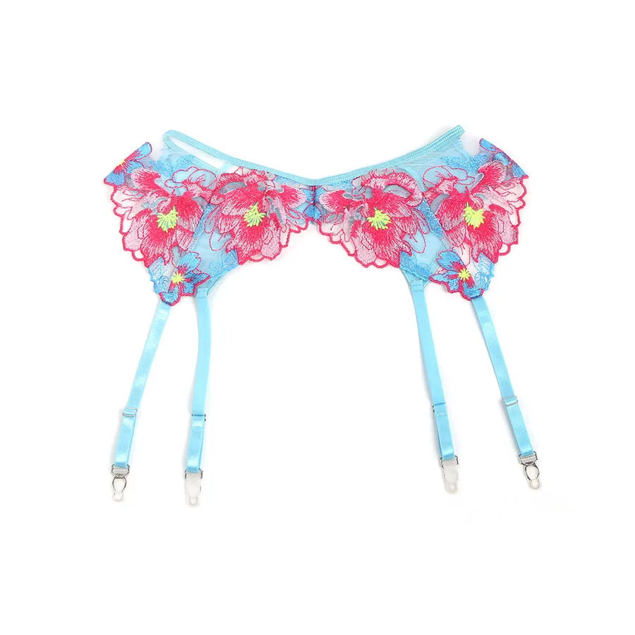 SUBBLIME - 957643 FLOWER EMBROIDERED BRA AND GARTER BELT SET PINK S/M