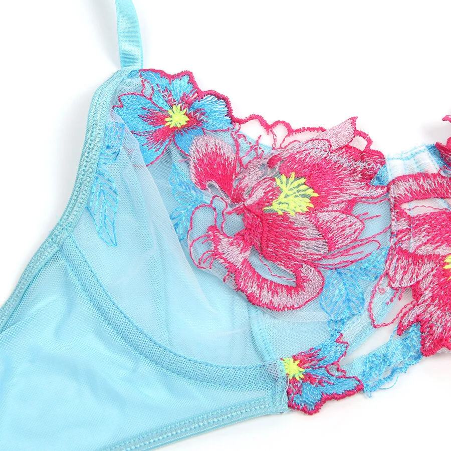 SUBBLIME - 957643 FLOWER EMBROIDERED BRA AND GARTER BELT SET PINK S/M