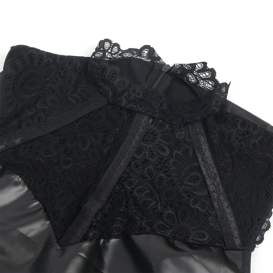 SUBBLIME - 957551 VESTIDO DE COURO COM GOLA DE RENDA PRETO