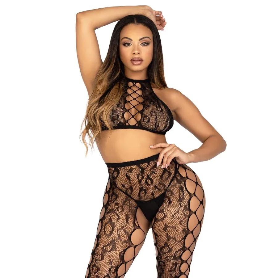 LEG AVENUE - 89372 TOP CROPPED E MEIA-CALÇA SEM VOLTA PRETO - TAMANHO ÚNICO