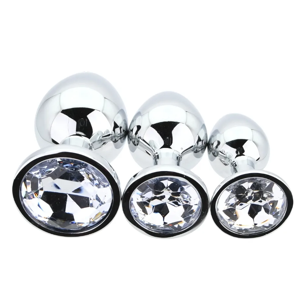 Toosh Plug Anal de Metal Prateado Conjunto de 3 Pedra Transparente