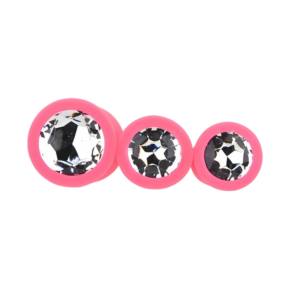 Toosh Plug Anal de Silicone Rosa Conjunto de 3 Pedra Transparente