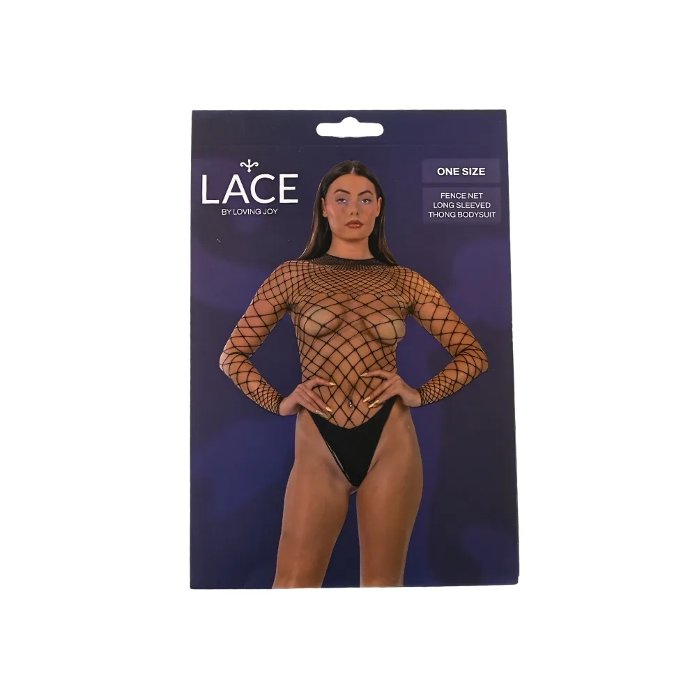 Lace by LJ Body Tanga de Rede Larga de Manga Comprida Preto