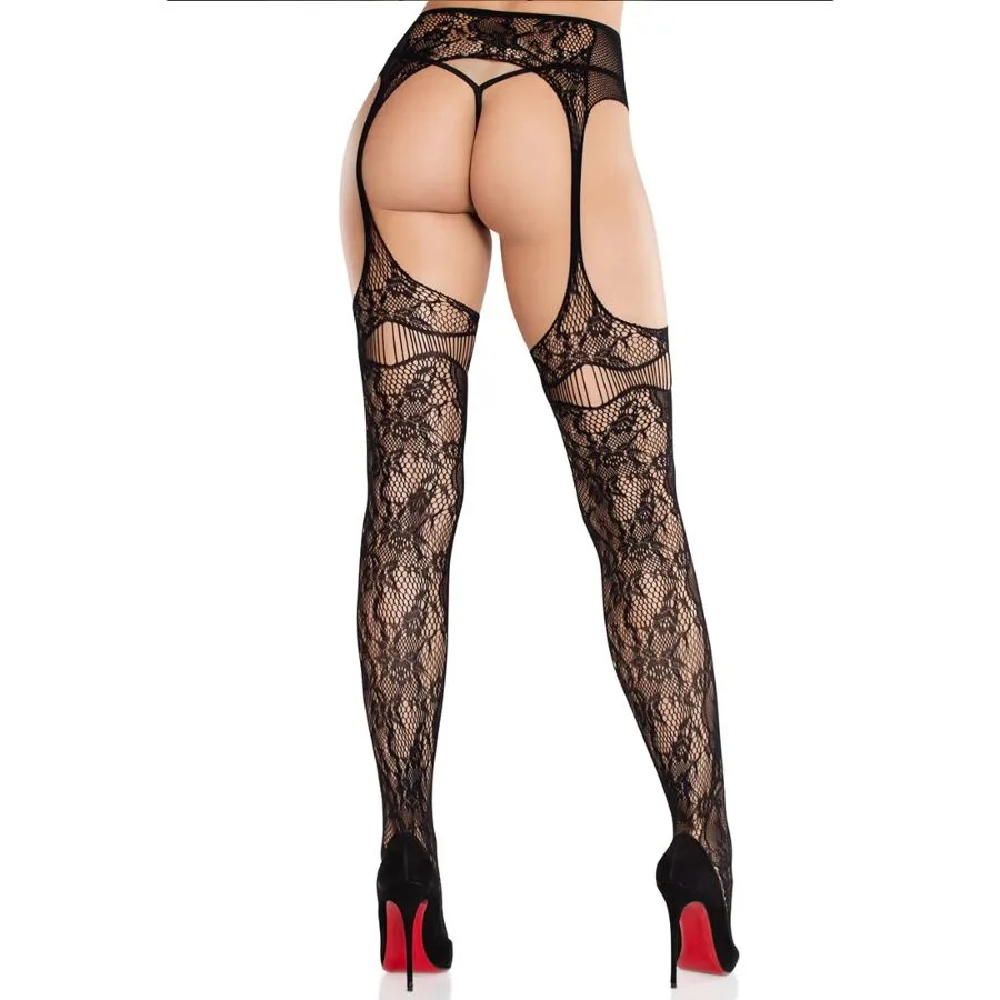 LEG AVENUE - MEIAS DE RENDA COM LIGAS PRETAS
