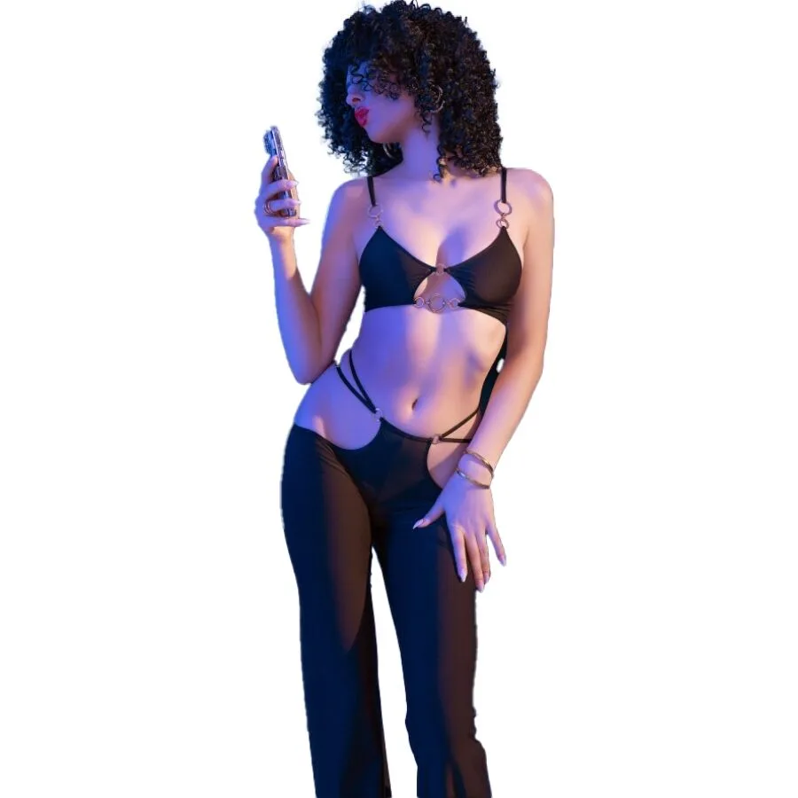CHILIROSE - CR 4851 CONJUNTO DE TOP E LEGGING PRETO COM ACESSÓRIOS DOURADOS