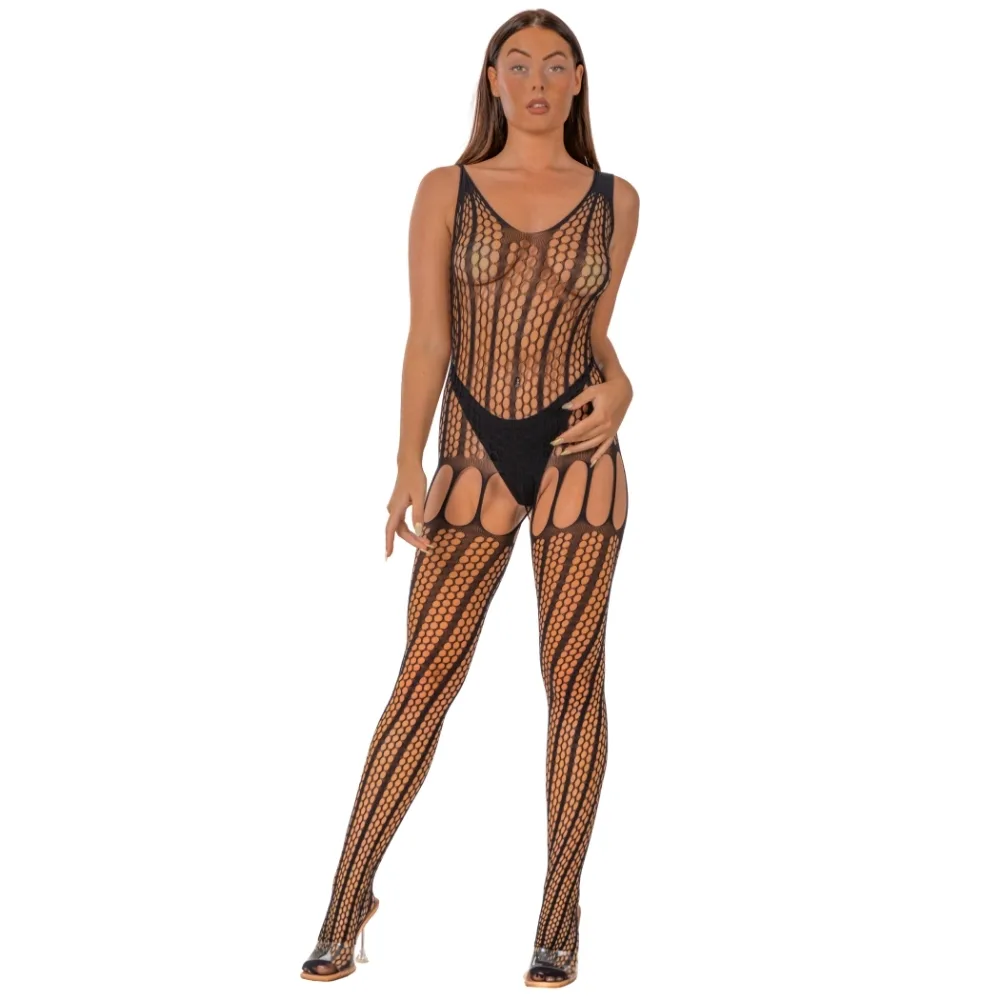 Lace by LJ Bodystocking de Crochet com Atilhos nas Costas Preto