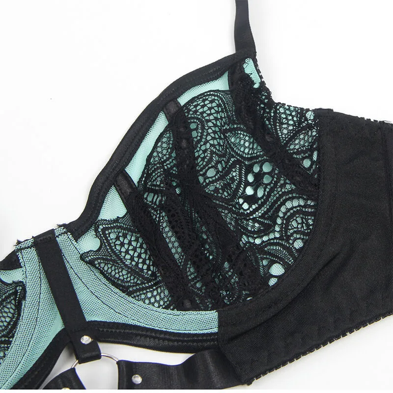 SUBBLIME - 955557 CONJUNTO DE SUTIÃ DE COURO VERDE COM ZÍPER DE MALHA S/M