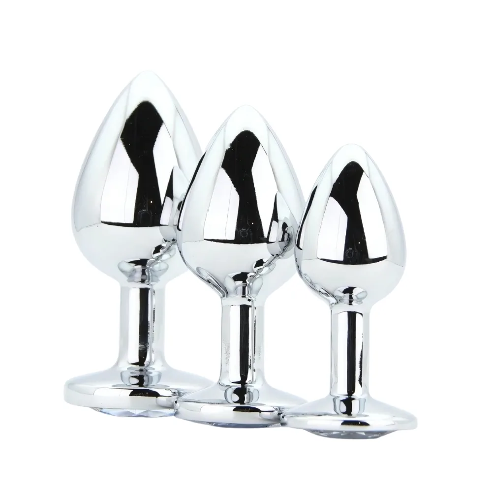 Toosh Plug Anal de Metal Prateado Conjunto de 3 Pedra Transparente